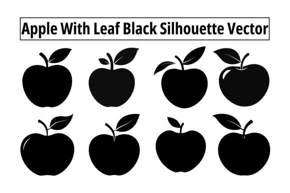 Apple with Leaf Black Silhouette Vector