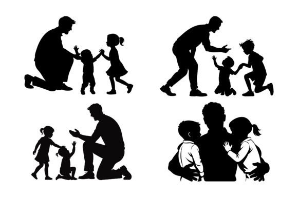 Father Playing with His Children Black Silhouette